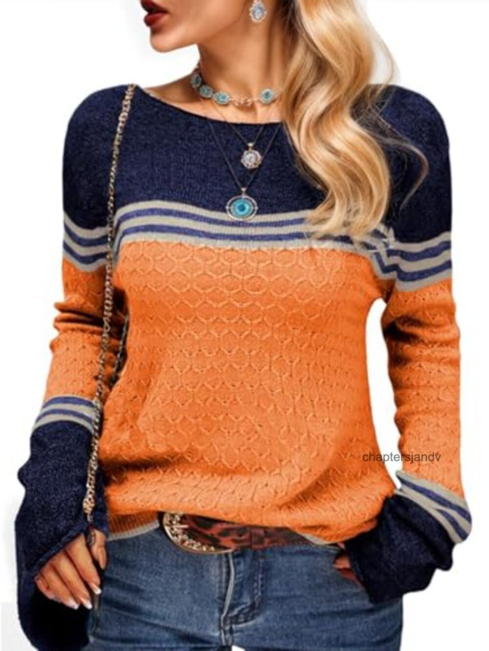 Women's Boho Colorblock Pullover Sweater Crew Neck Long Sleeve Trendy